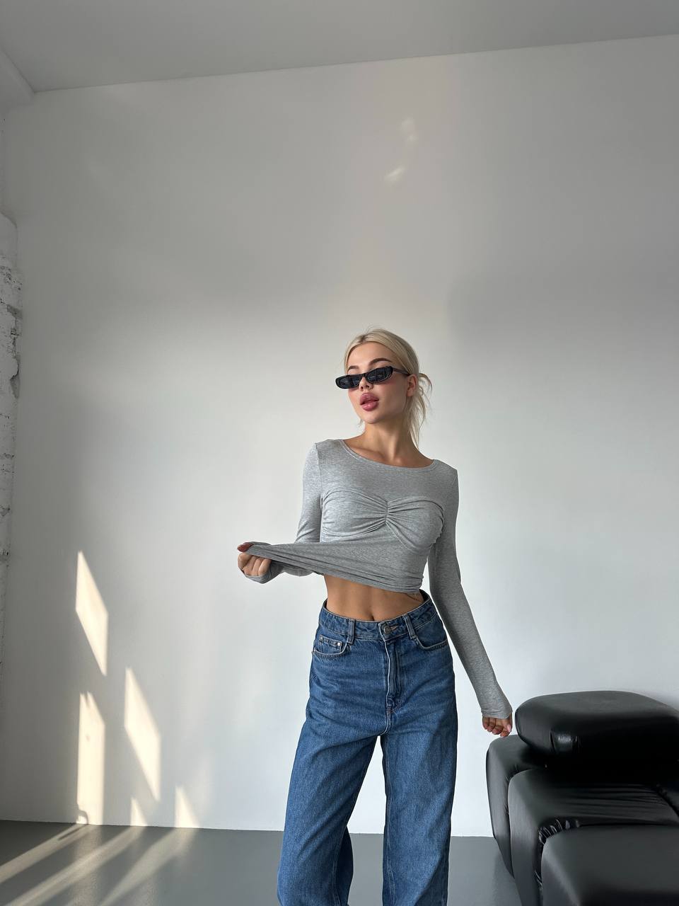 Womens Grey Long Sleeve Crop Top with Bra Illusion