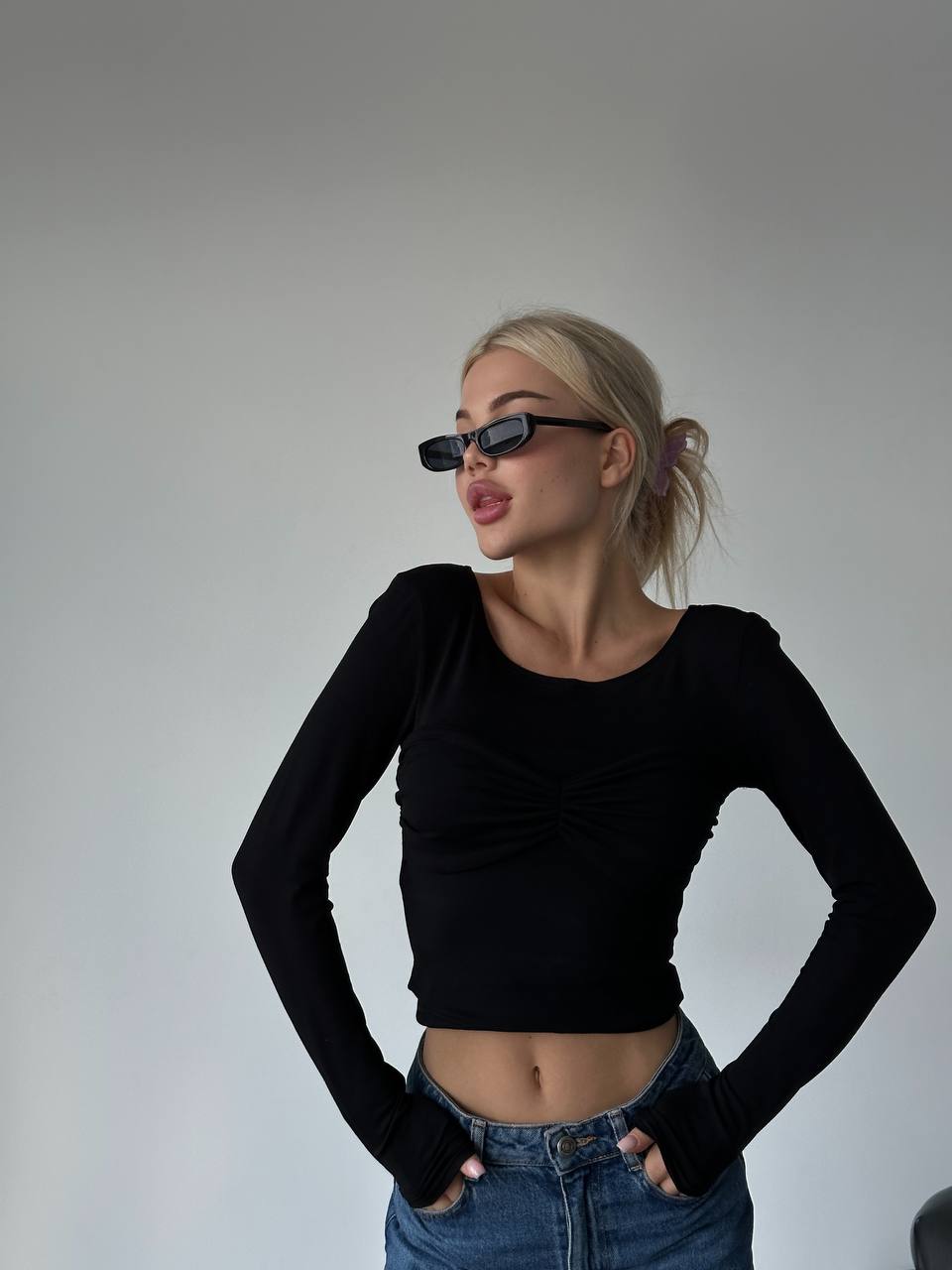 Stylish Black Long Sleeve Top with Bra Illusion