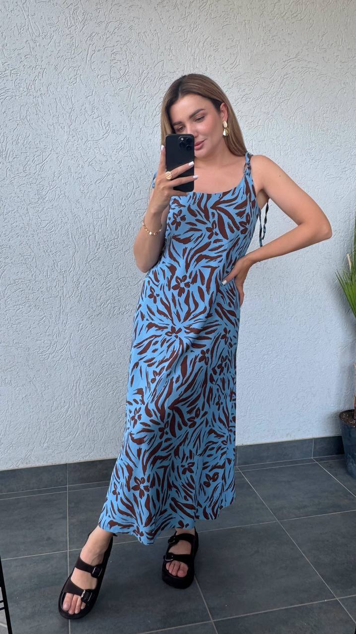 Womens Maxi Dress Blue Brown Floral Adjustable Straps Staple Fabric