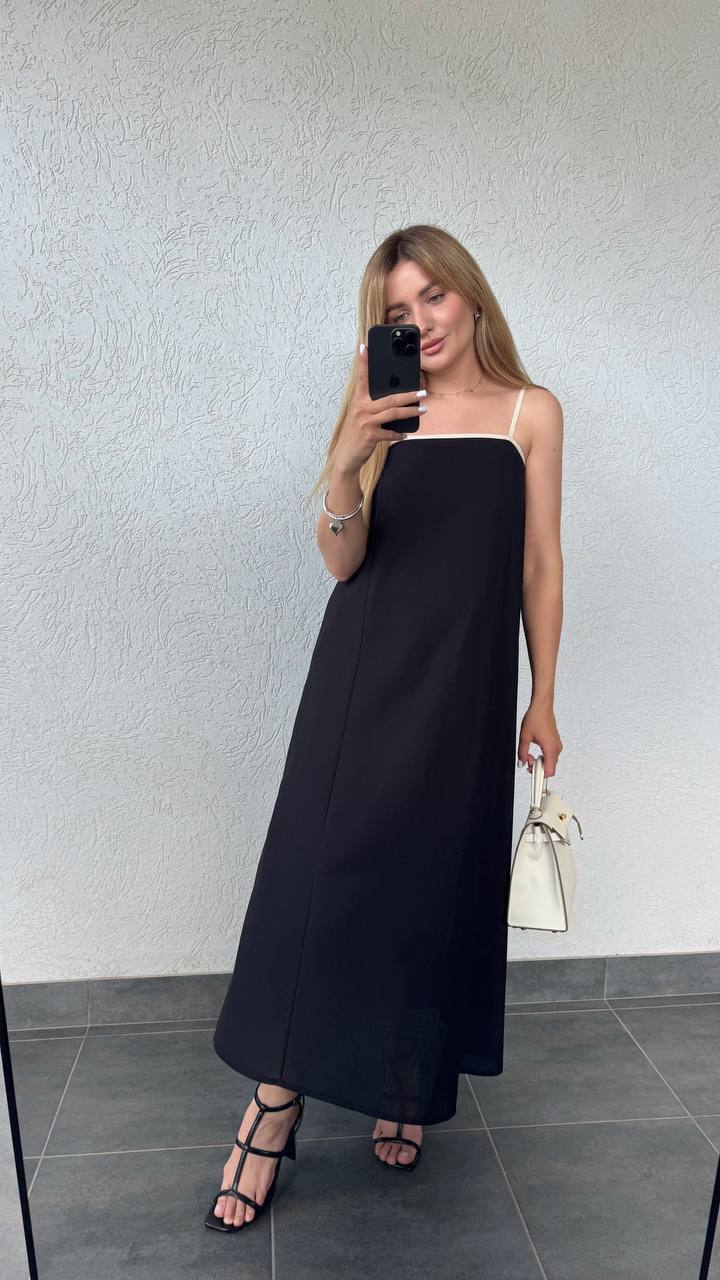 Black Linen Adjustable Strap Loose Fit Maxi Dress