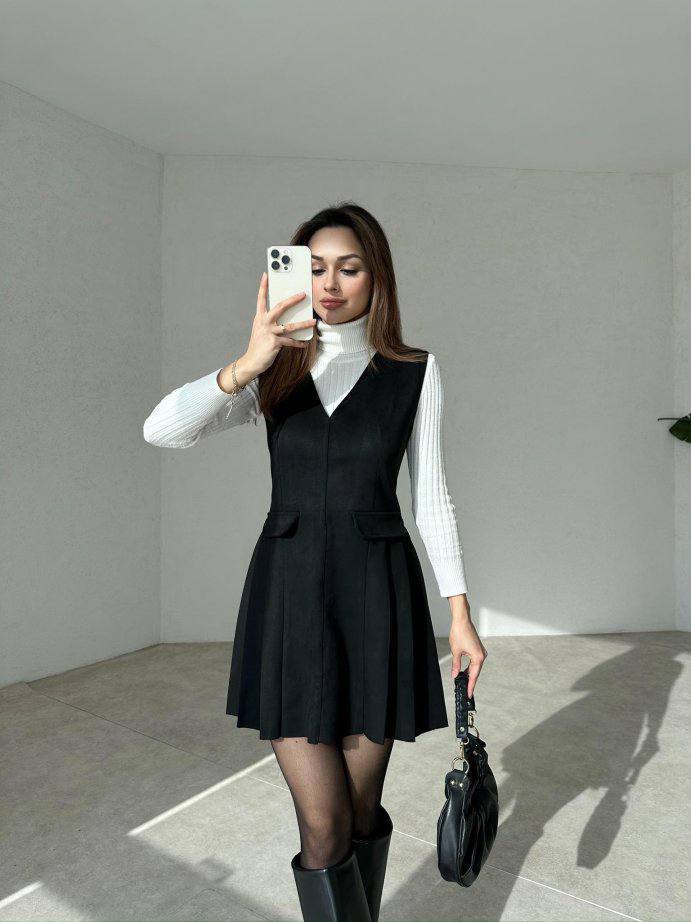 Stylish Black Suede Diagonal Sarafan Dress for Layering