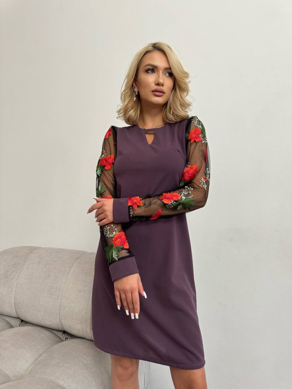 Purple Loose Fit Dress with Embroidered Mesh Sleeves