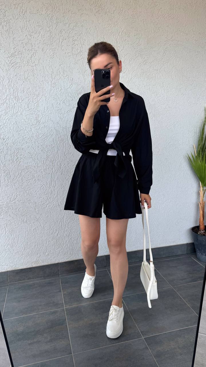 Black Lightweight Button-Up Shirt and Elastic Waist Shorts Set