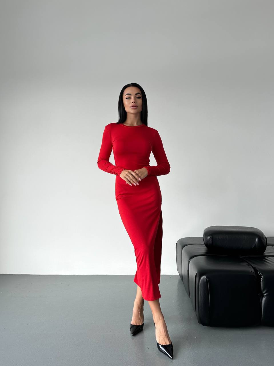 Elegant Red Midi Dress with Side Slit Long Sleeves