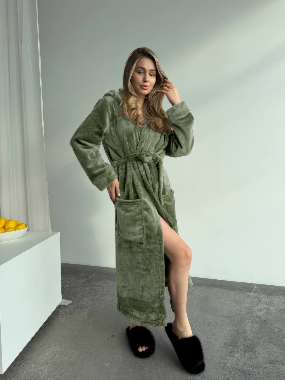 Unisex Plush Hooded Robe with Belt and Pockets Soft Warm Comfortable