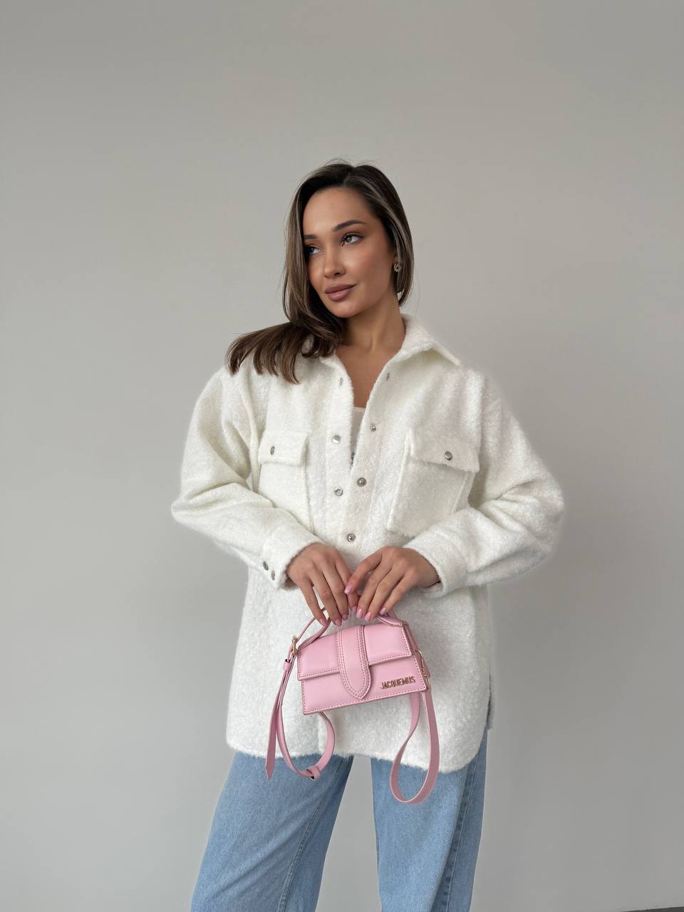 Stylish Womens White Wool Blend Boucle Shirt Jacket with Pockets