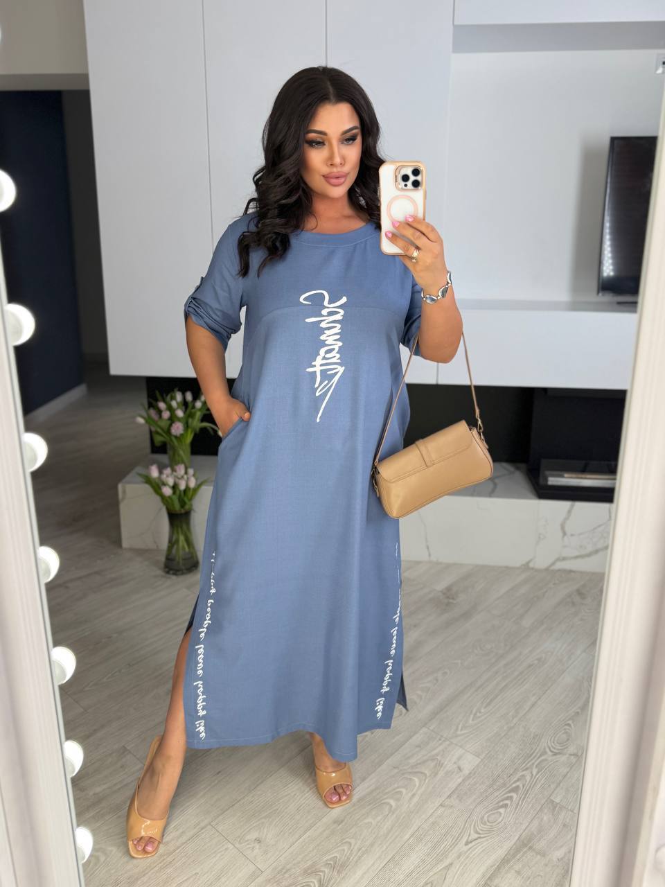 Loose Fit Blue Linen Dress with 3/4 Sleeves and Side Slits