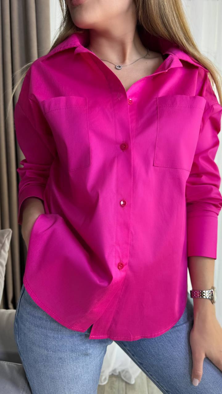 Bright Pink Loose Fit Cotton Shirt with Pockets Button-Up