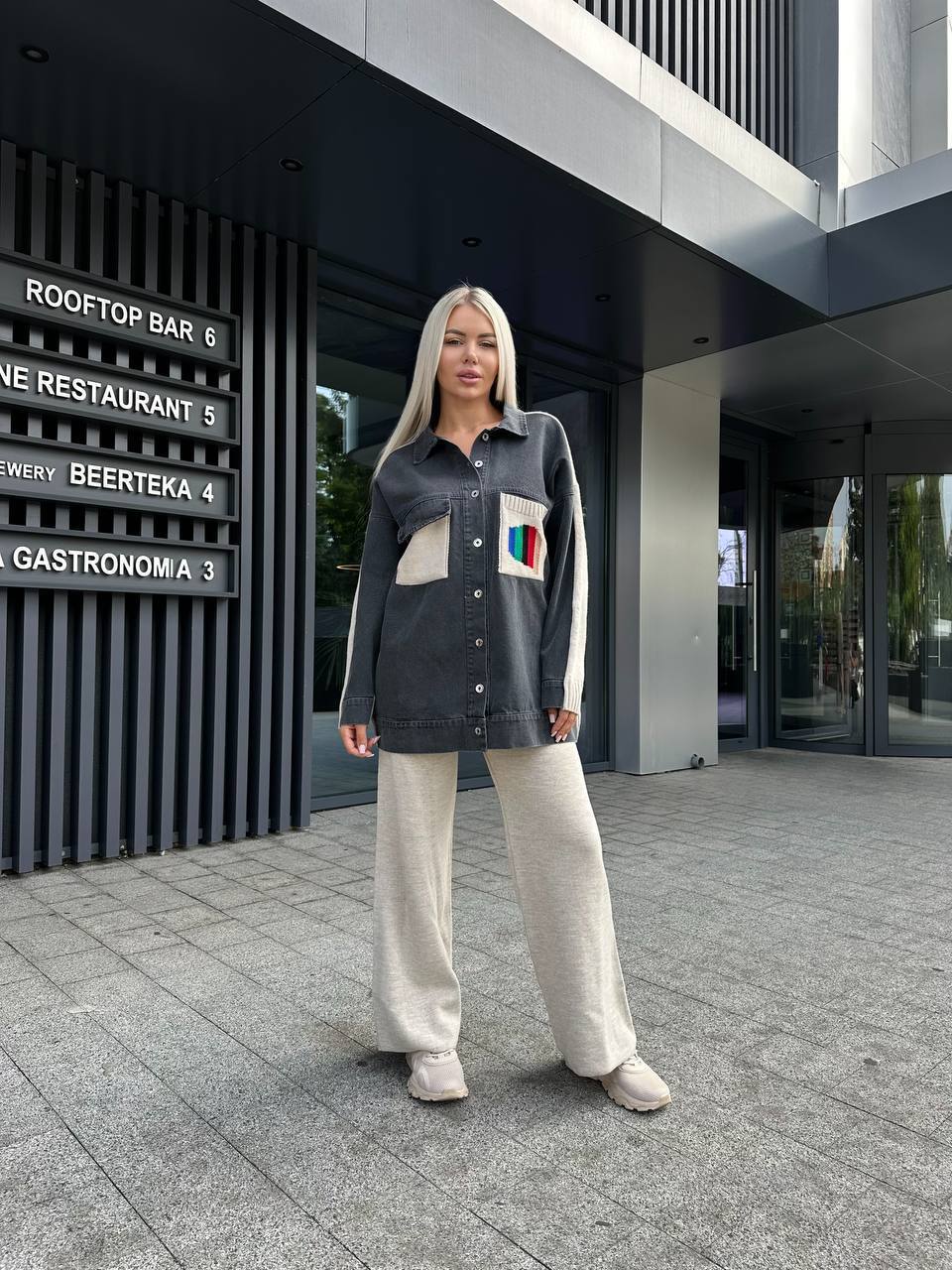 Stylish Loose Fit Combined Knit and Denim Suit