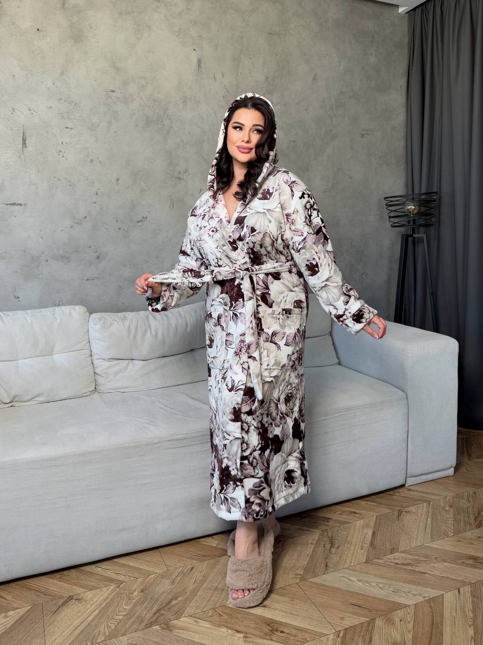 Floral Hooded Plush Bathrobe with Belt and Pockets