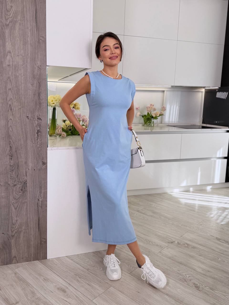 Sleeveless Light Blue Cotton Midi Dress with Pockets