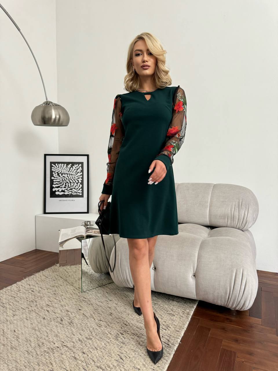 Elegant Dark Green Dress with Sheer Floral Embroidered Sleeves