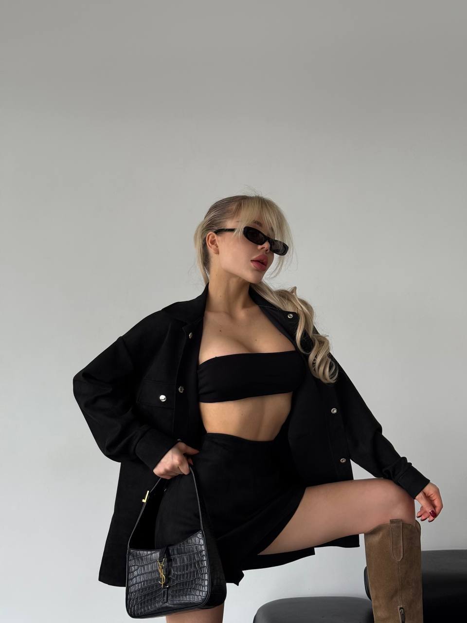 Stylish Black Two-Piece Suit Skirt Shorts and Shirt Set