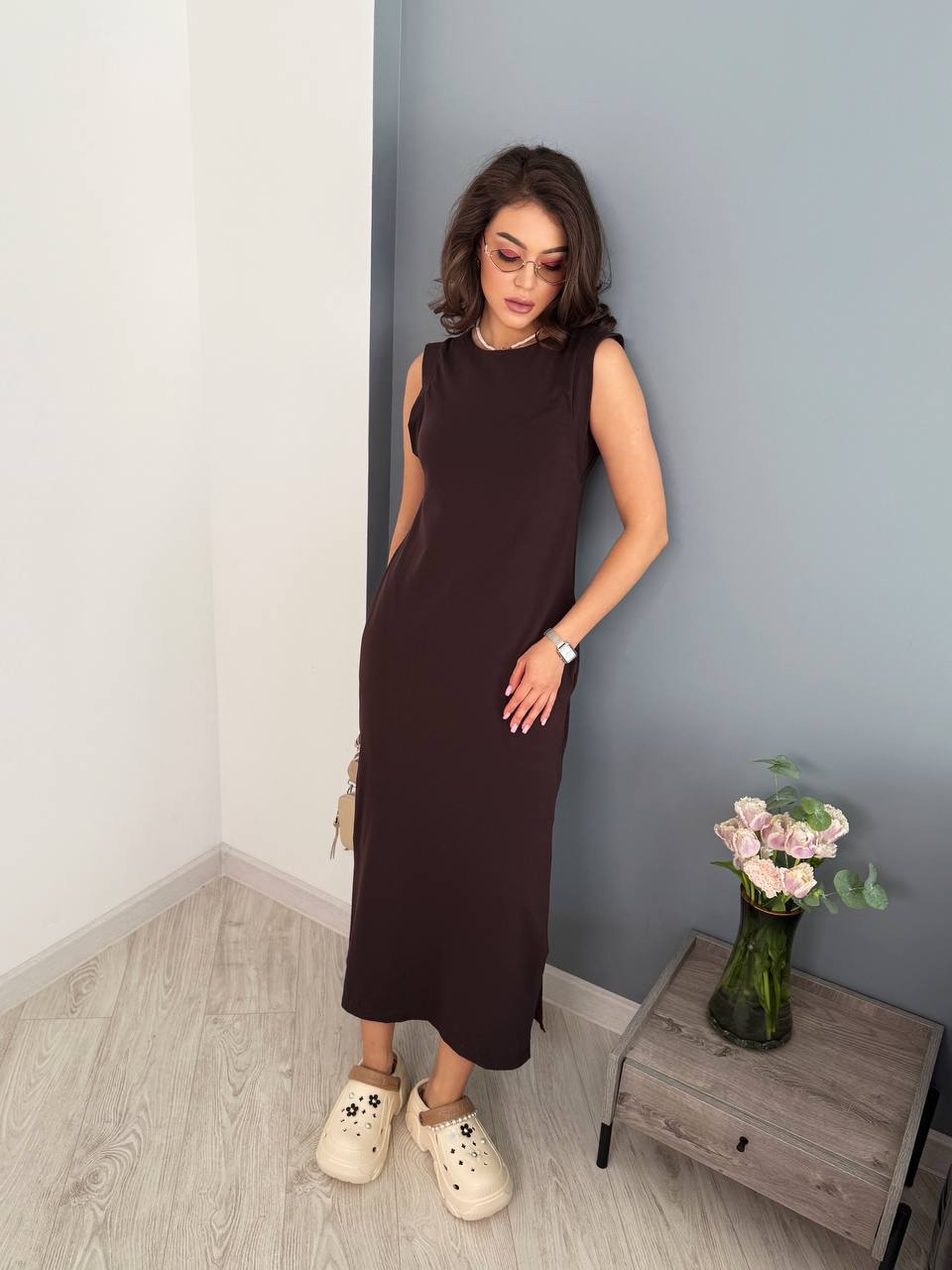 Brown Sleeveless Straight Cut Cotton Dress with Pockets