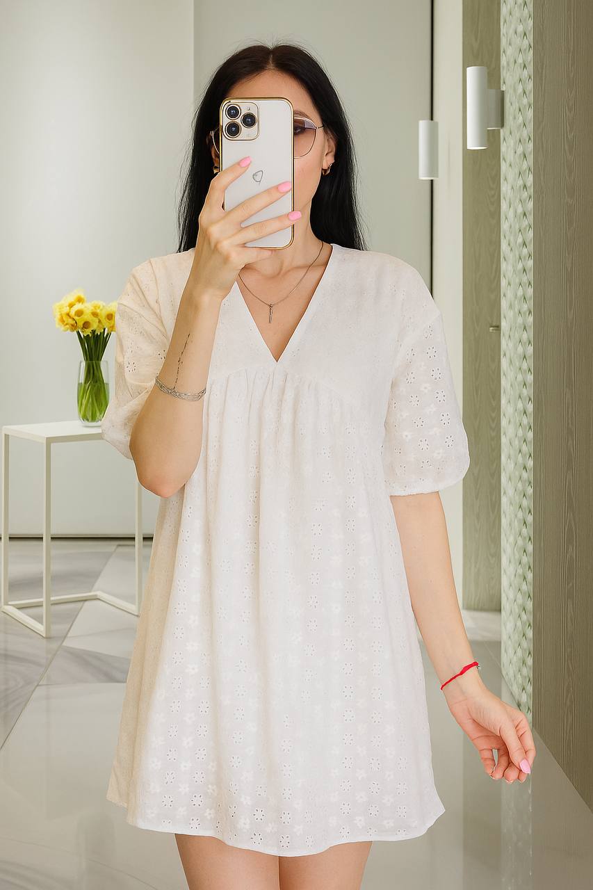 White Summer Dress with Puff Sleeves Lightweight Cotton Eyelet Fabric