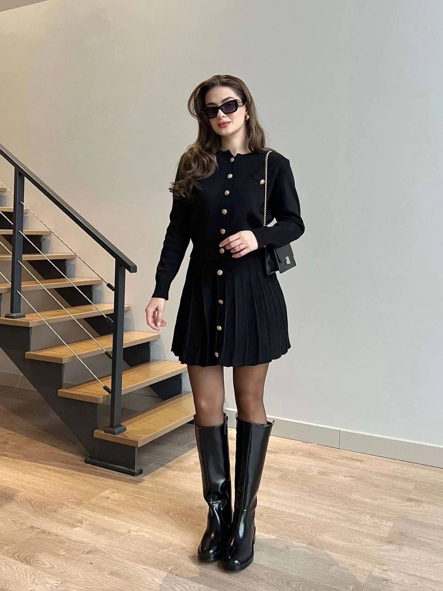 Stylish Black Knitted Dress Suit with Button Details