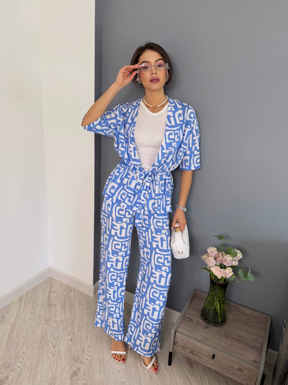Womens Loose Fit Two Piece Set with Printed Top and Pants