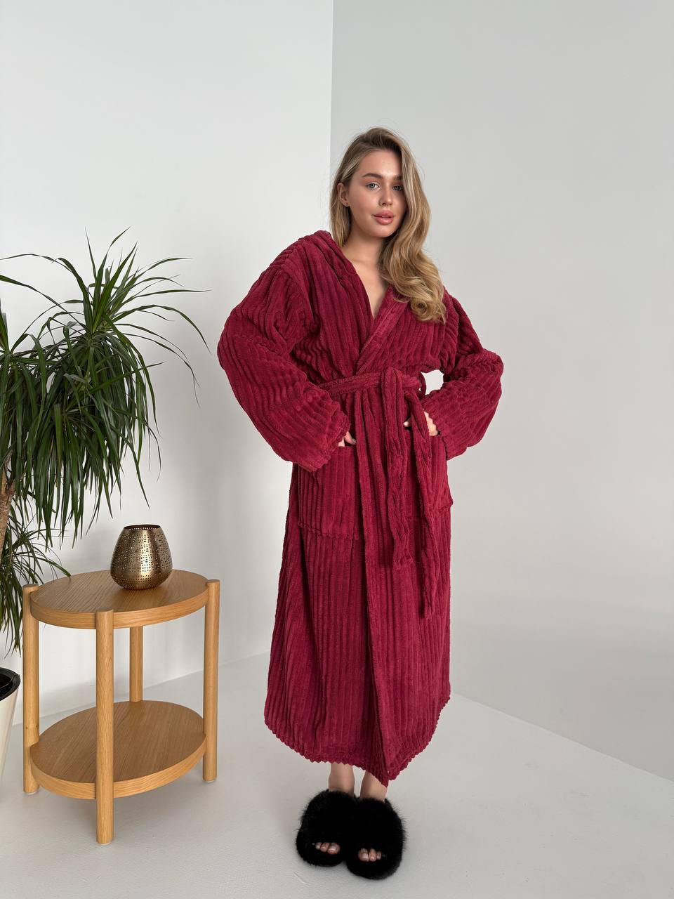 Unisex Hooded Microfiber Bathrobe with Wide Belt and Deep Pockets in Burgundy