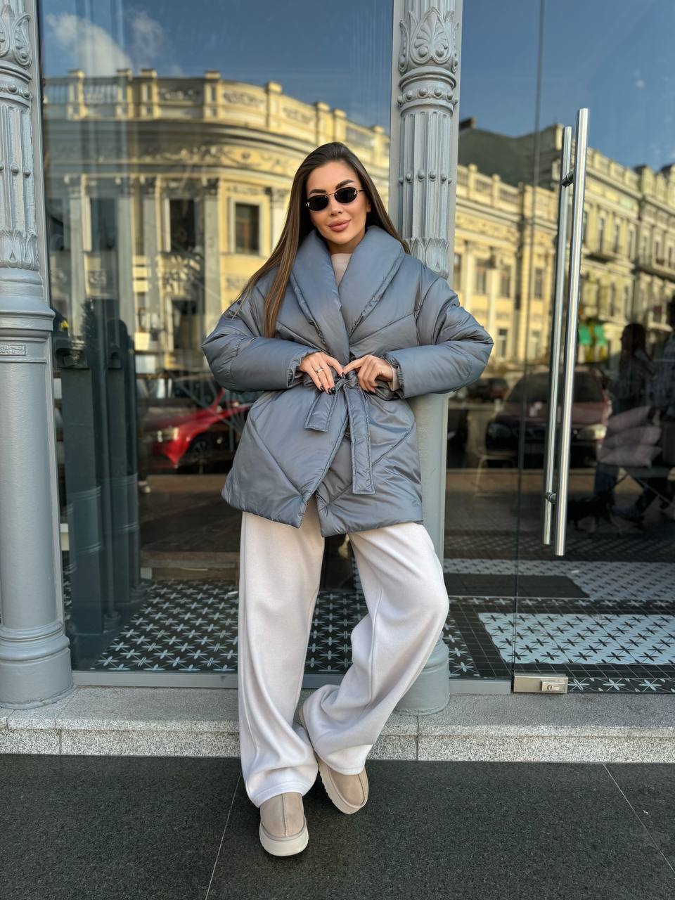 Stylish Warm Wrap Puffer Jacket with Belt in Grey
