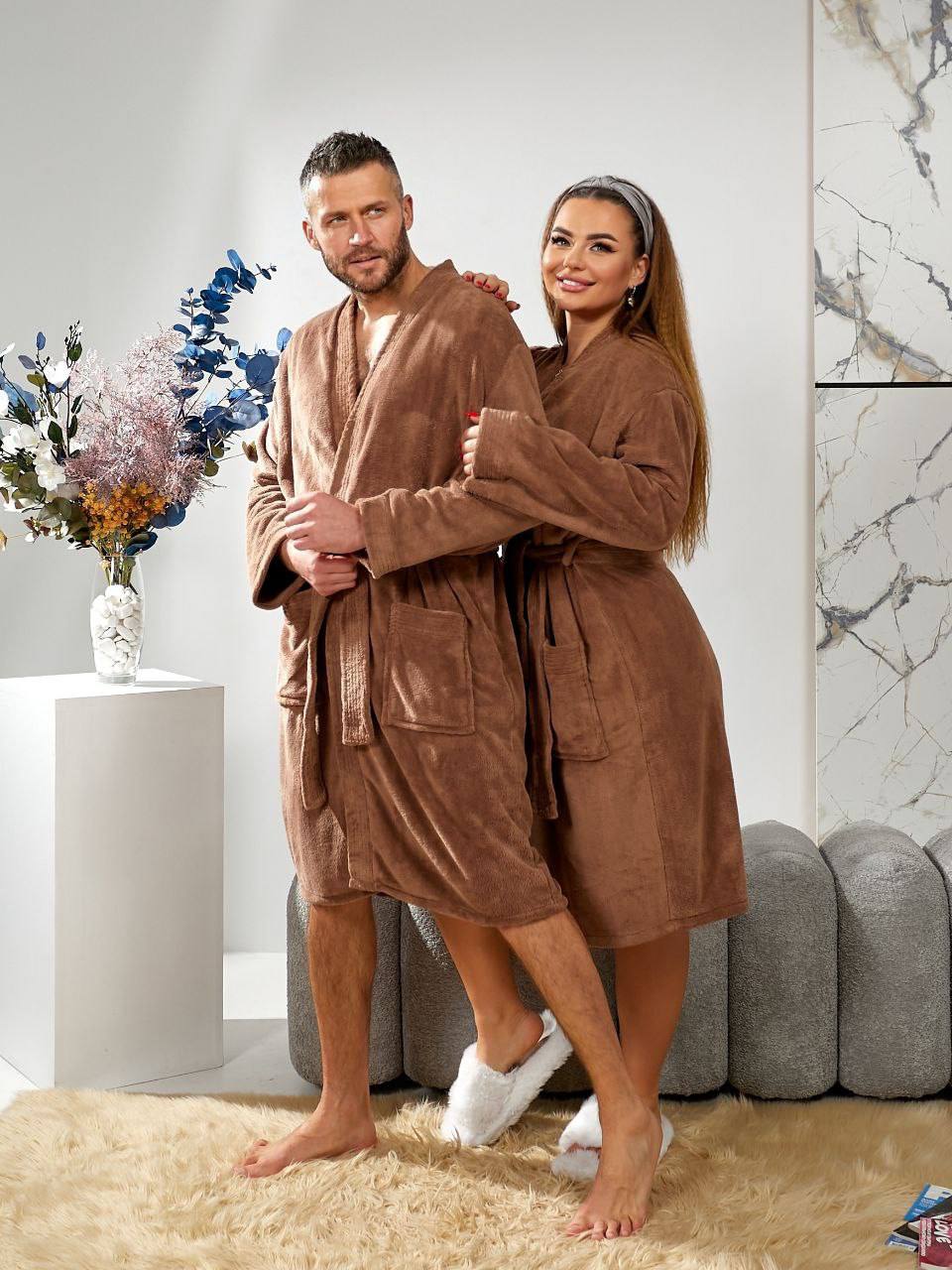 Unisex Classic Brown Microfiber Bathrobe with Long Sleeves and Belt
