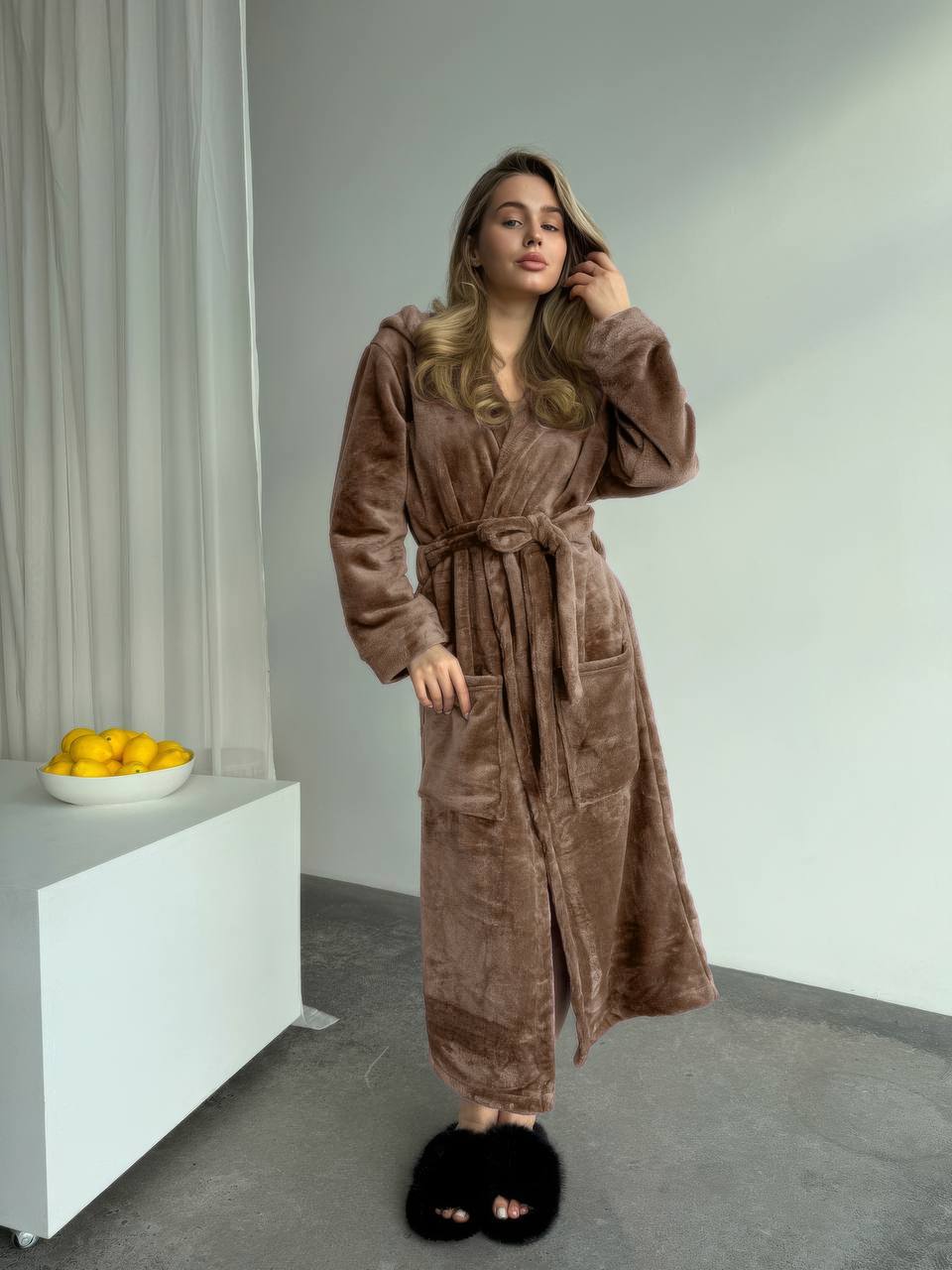 Unisex Plush Hooded Bathrobe with Belt and Pockets