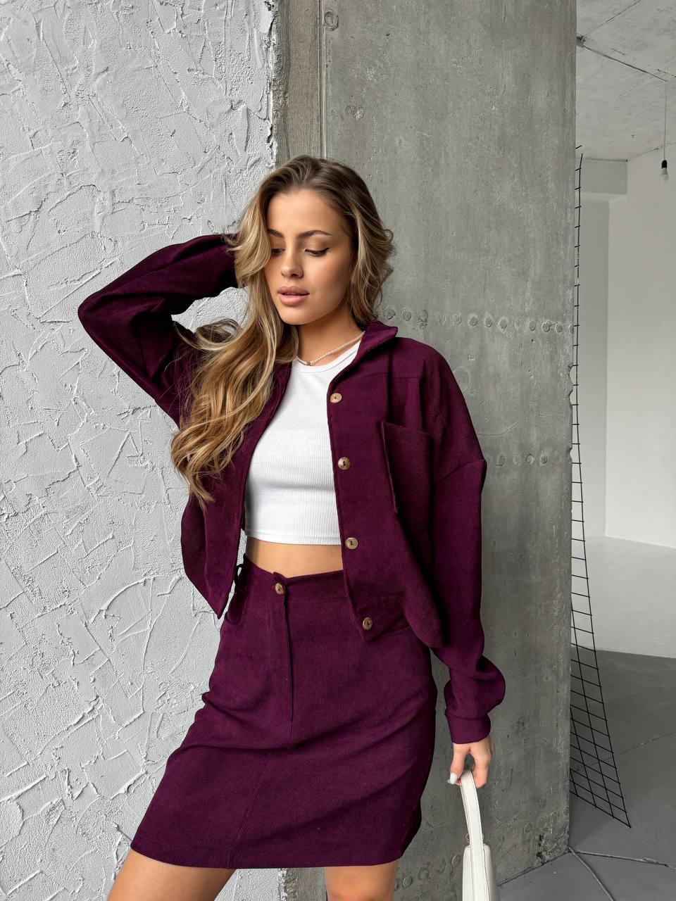Womens Microvelvet Button Jacket and Skirt Set in Deep Purple