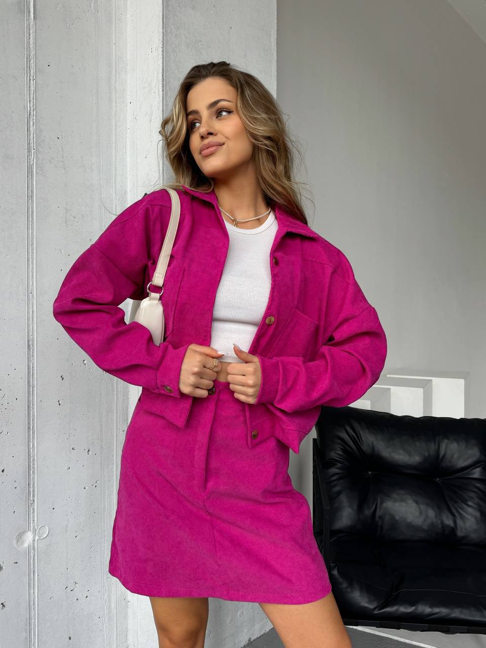 Pink Microvelvet Jacket and Skirt Outfit for Stylish Looks