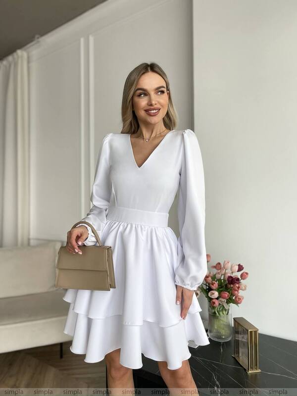 Elegant White Dress with Bell Sleeves and Tiered Skirt for Chic Occasions