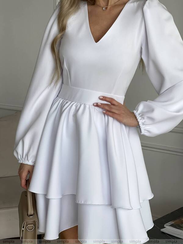 Elegant White Dress with Bell Sleeves and Tiered Skirt for Chic Occasions