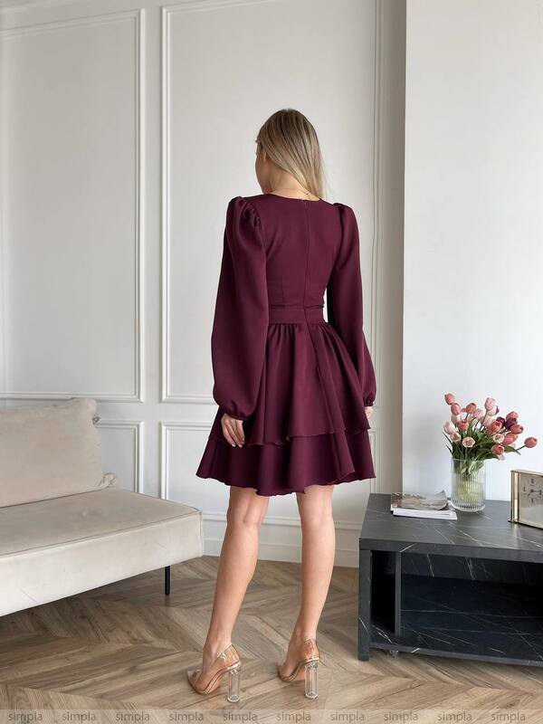 Elegant Burgundy Long Sleeve Layered Mini Dress