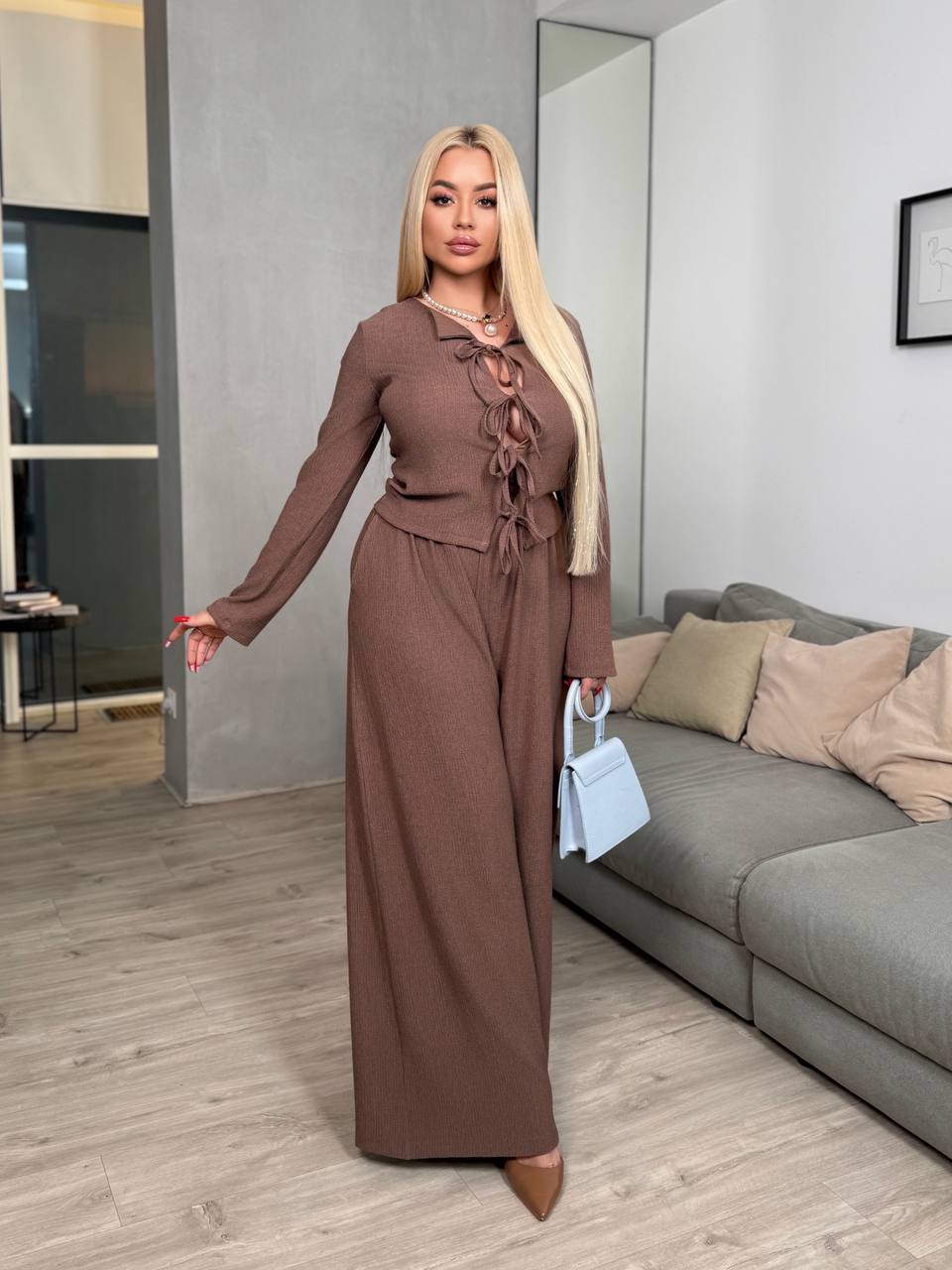 Stylish Brown Knit Two-Piece Set for Women Loose Fit