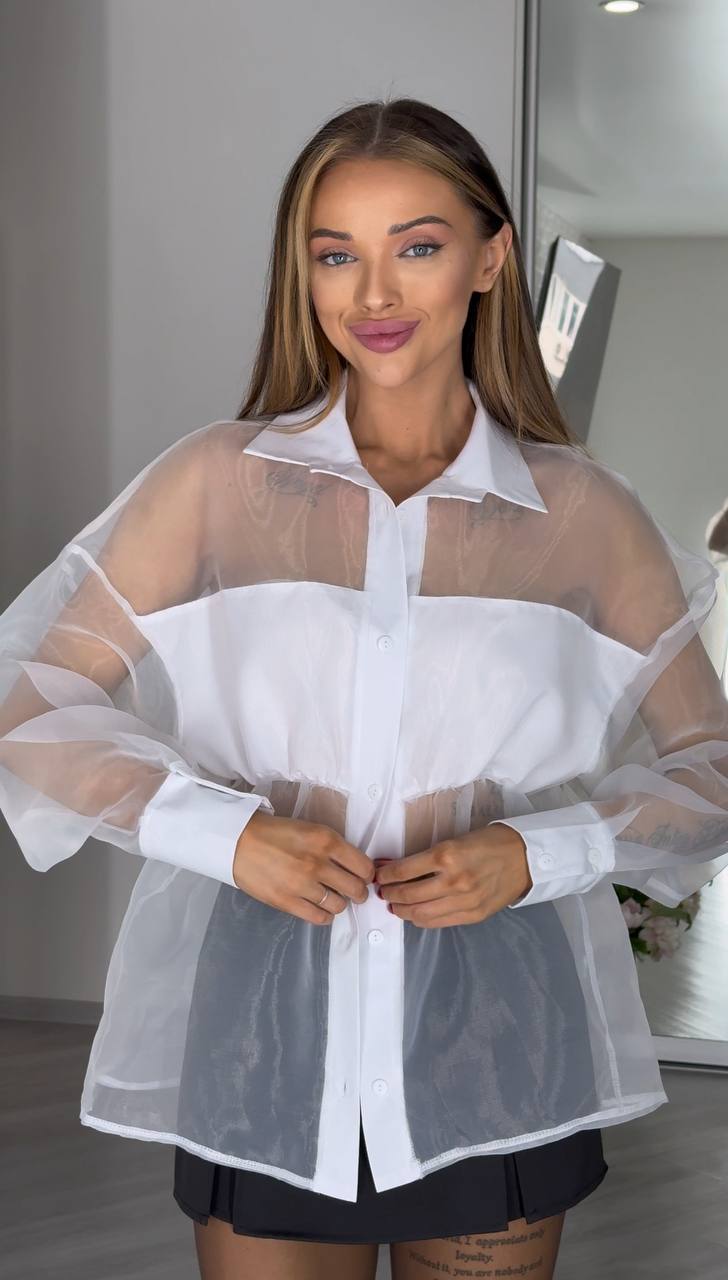 Elegant Sheer Organza Blouse with Soft Insert and Belt