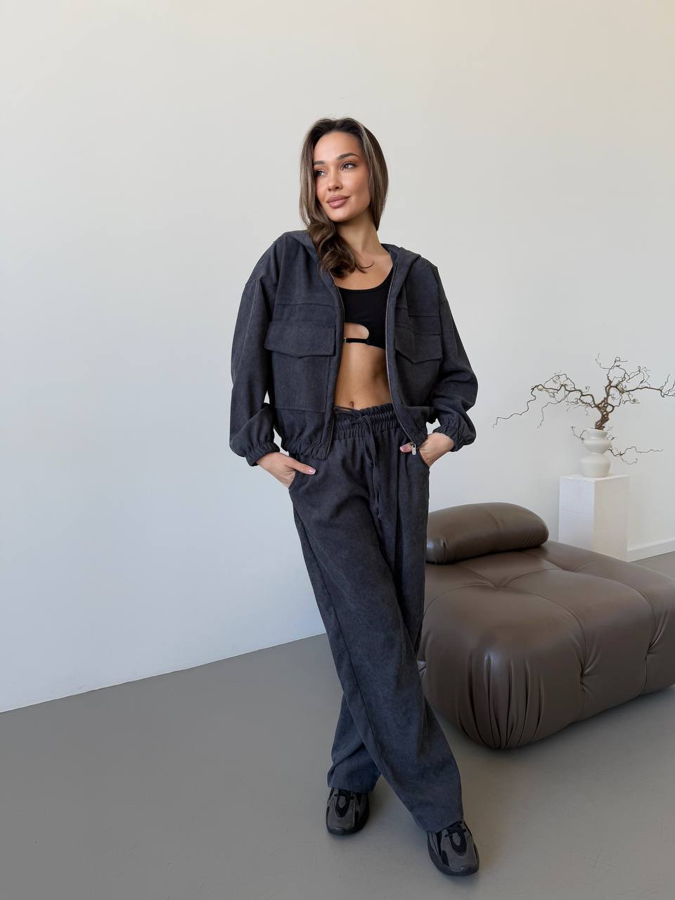 Womens Dark Microvelvet Tracksuit Set Casual Zip Jacket and Pants