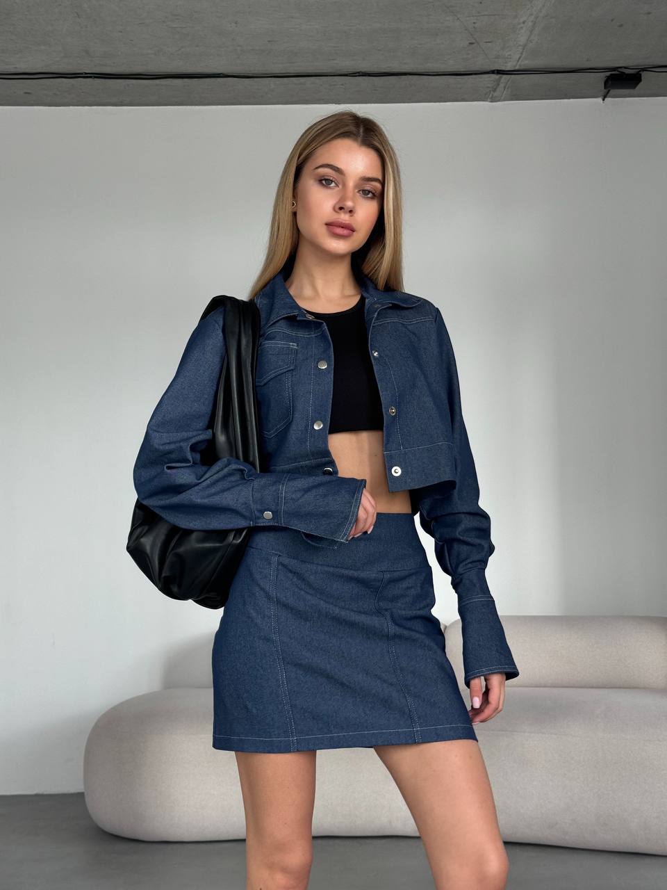 Trendy Denim Set with Crop Shirt and Mini Skirt
