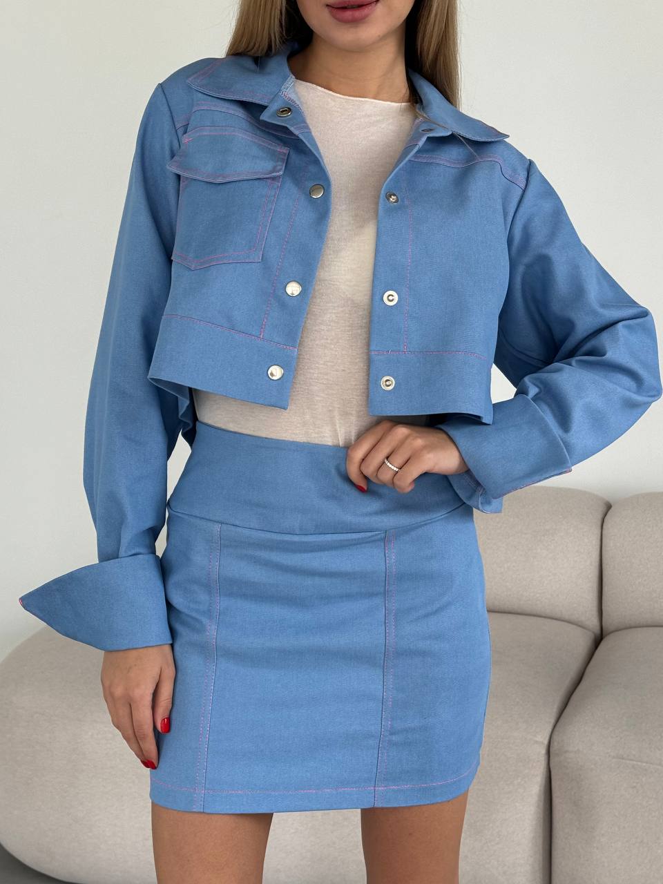 Trendy Blue Denim Skirt and Cropped Shirt Set