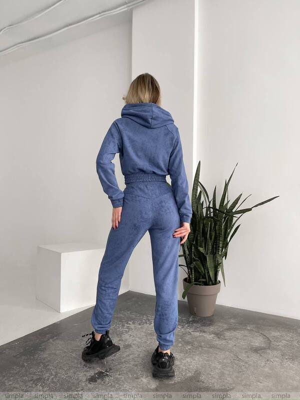 Person wearing a blue tracksuit standing in a minimalistic room with a plant.