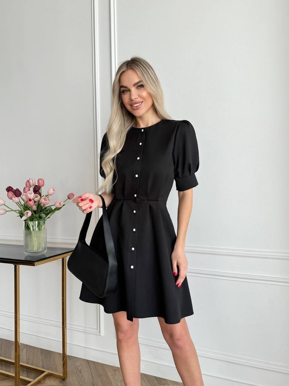 Elegant Black Short Sleeve Dress with Button Details