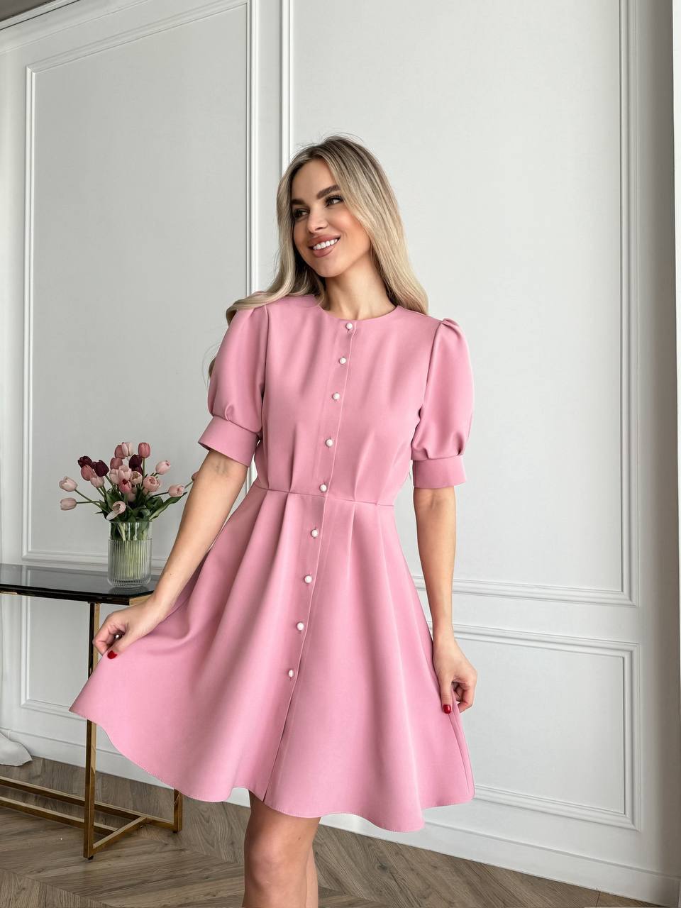 Elegant Pink Short Sleeve Dress with Pearl Buttons