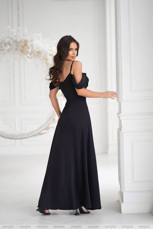Elegant Black Evening Dress with Draped Neckline and Off-Shoulder Sleeves
