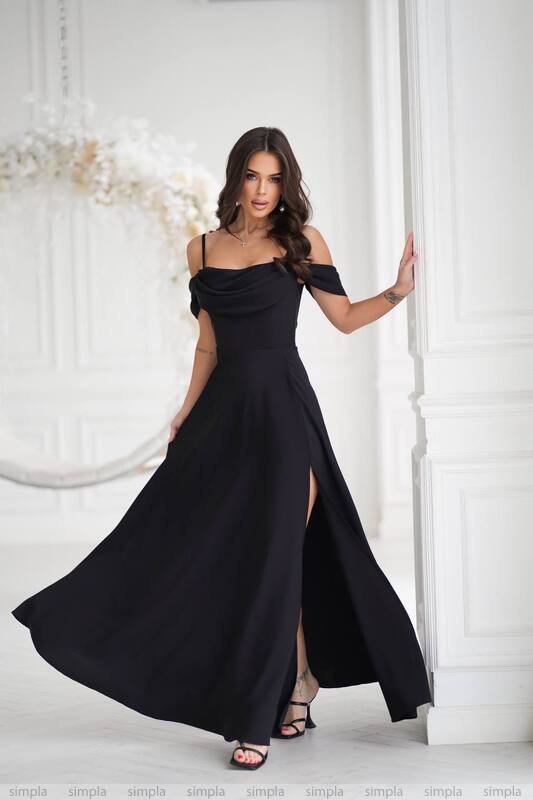 Elegant Black Evening Dress with Draped Neckline and Off-Shoulder Sleeves