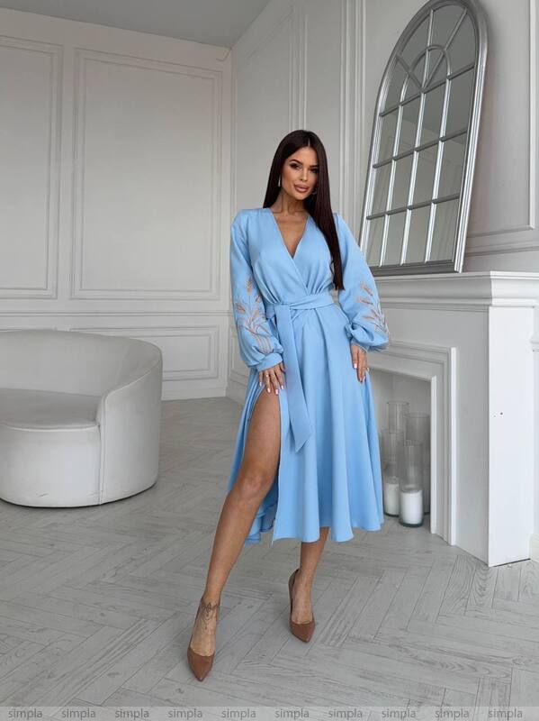 Elegant Light Blue Midi Dress with Sheer Embroidered Sleeves and Waist Tie