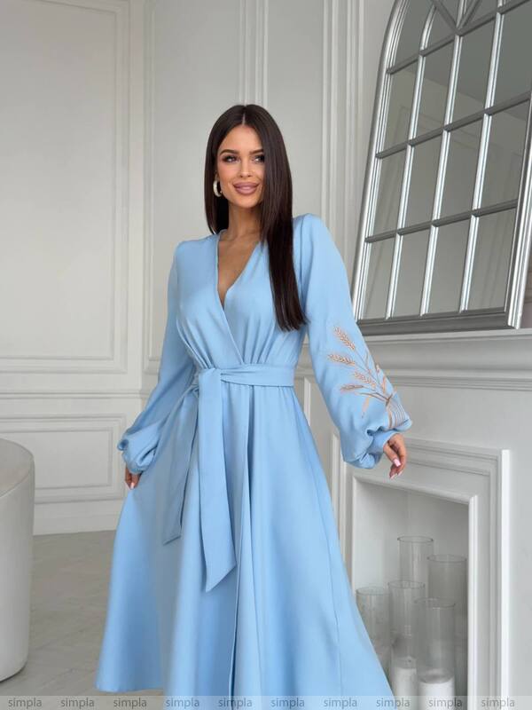 Elegant Light Blue Midi Dress with Sheer Embroidered Sleeves and Waist Tie