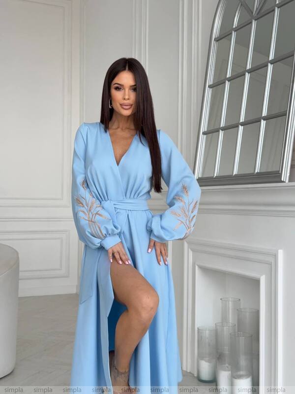 Elegant Light Blue Midi Dress with Sheer Embroidered Sleeves and Waist Tie