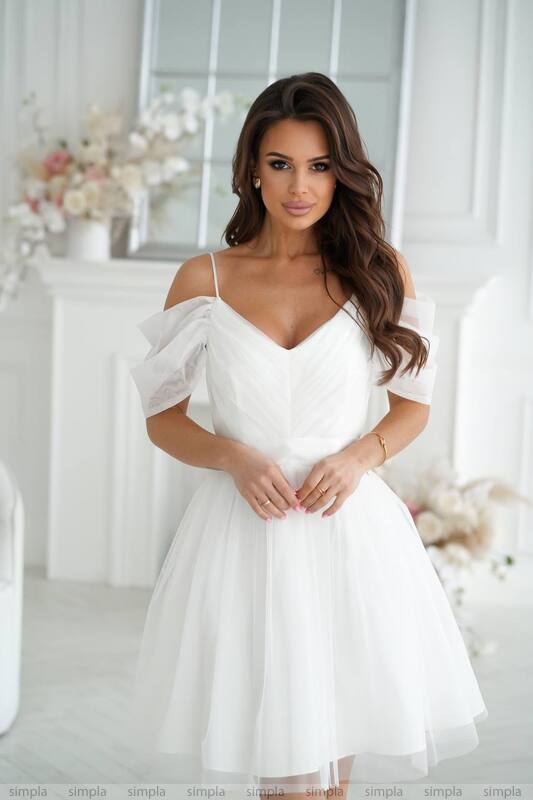 Elegant White Cocktail Dress with Puffy Sheer Sleeves and Satin Waistband