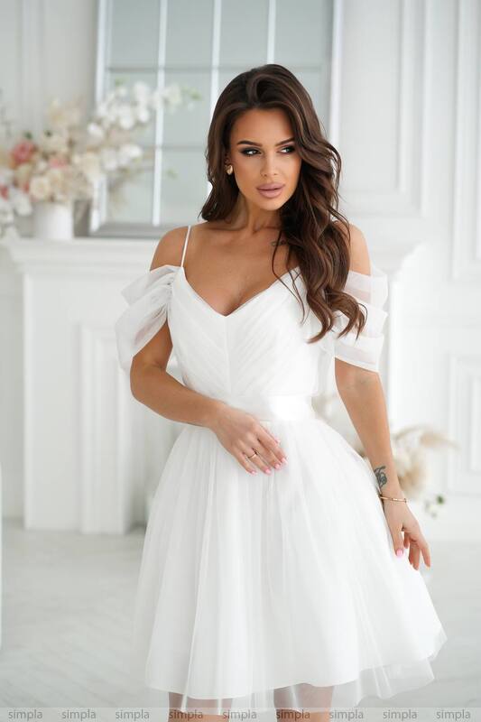 Elegant White Cocktail Dress with Puffy Sheer Sleeves and Satin Waistband
