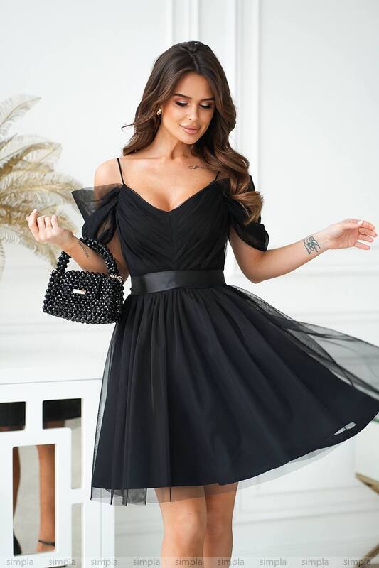 Elegant Black Cocktail Dress with Puffy Tulle Skirt and Satin Waist Belt