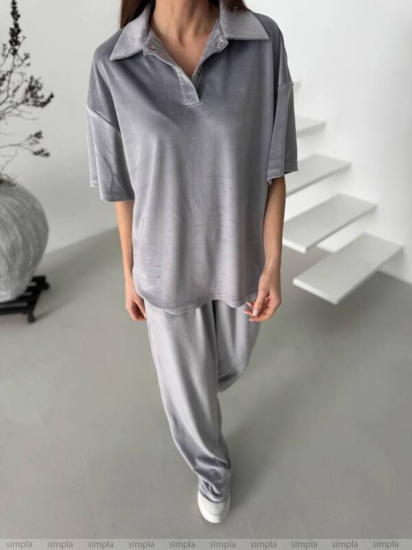 Stylish Gray Velour Two-Piece Casual Suit