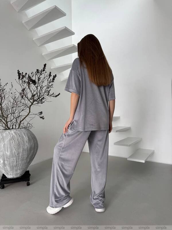 Stylish Gray Velour Two-Piece Casual Suit