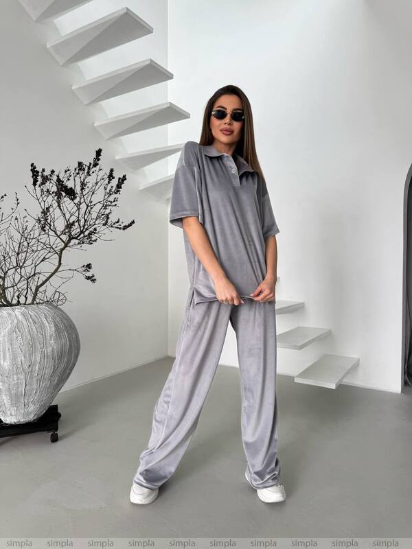 Stylish Gray Velour Two-Piece Casual Suit