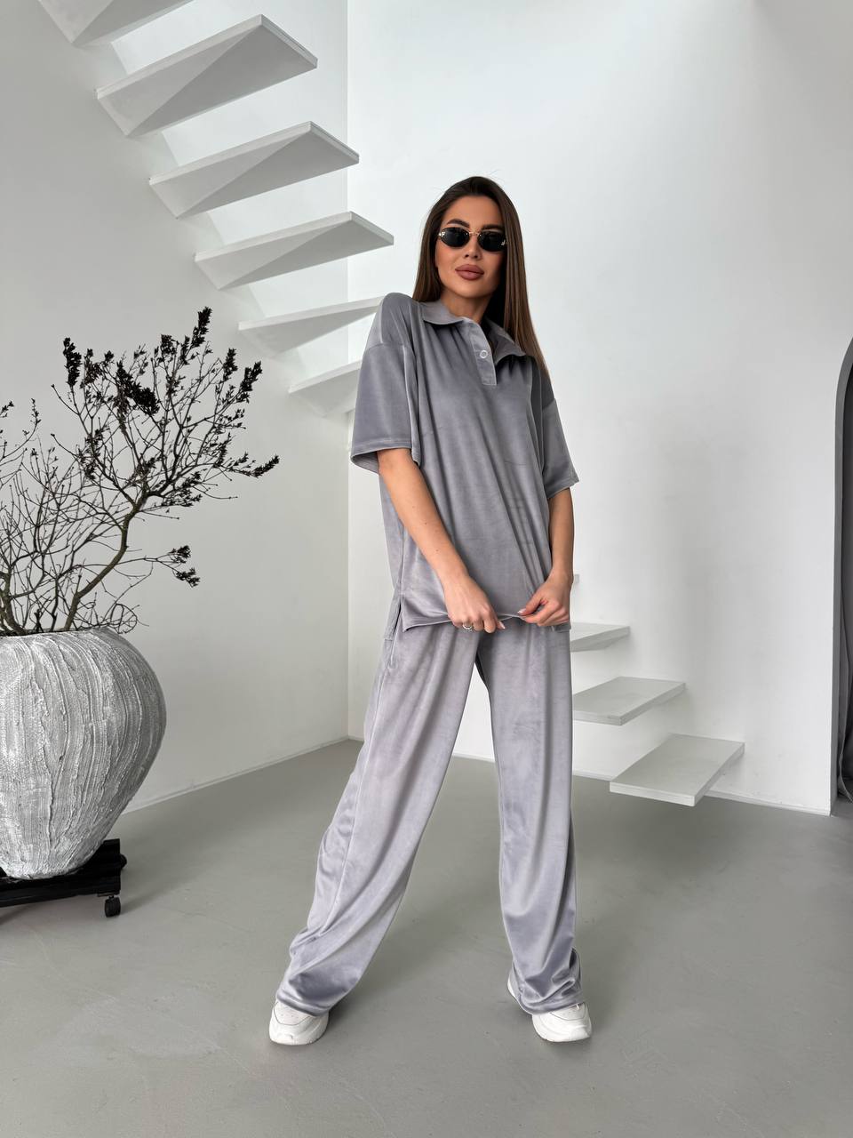 Stylish Gray Velour Two-Piece Casual Suit